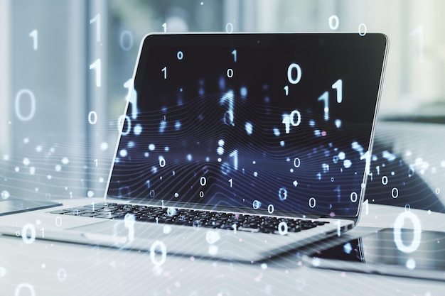 Creatief concept van binaire code illustratie op moderne laptop achtergrond Big data en codering concept Multiexposure