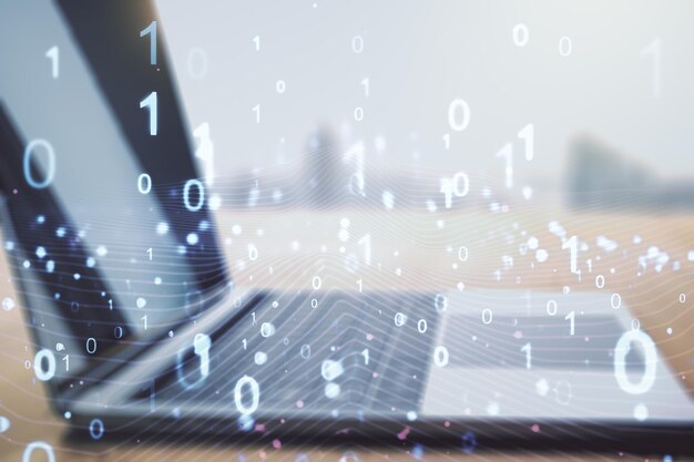 Creatief concept van binaire code illustratie op moderne laptop achtergrond Big data en codering concept Multiexposure