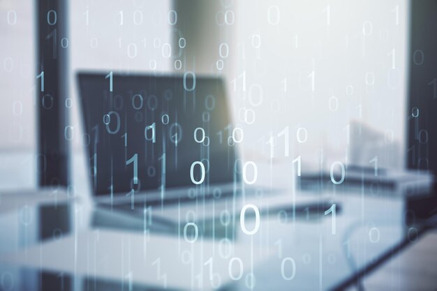 Creatief concept van binaire code illustratie op moderne laptop achtergrond Big data en codering concept Multiexposure