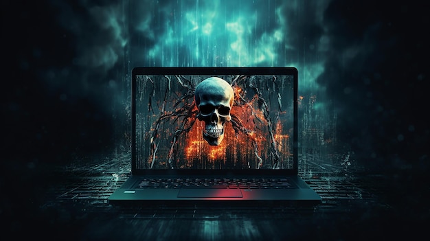 creatief concept van code skull illustratie op moderne laptop achtergrond hacking en phishing concept