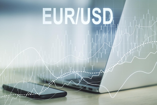 Creatief concept van EURO USD financiële grafiek illustratie op moderne laptop achtergrond Handel en valuta concept Multiexposure
