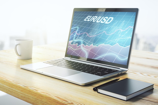 Creatief concept van EURO USD financiële grafiekillustratie op modern laptopscherm Handels- en valutaconcept 3D-rendering
