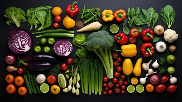 Creatief concept voor gezondheidsvoedsel voor veganisten Top view Knolling-compositie Biologische groenten