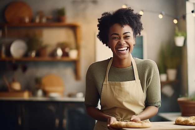 Creatief culinair genot Duizendjarige Afro-Amerikaanse vrouw zorgt voor vreugde in de keuken met Homemade