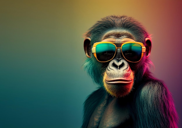 Creatief dierenconcept aap in zonnebrilglazen geïsoleerd op effen pastel achtergrond