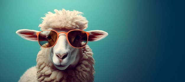 Creatief dierenconcept een schaap met een zonnebril op een blauwe achtergrond