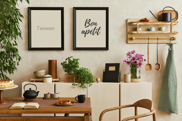 Creatief en modern eetkamerinterieur met mock-up posterframes familie eettafel en stoel en retro geïnspireerde persoonlijke accessoires en decoraties Sjabloon xA