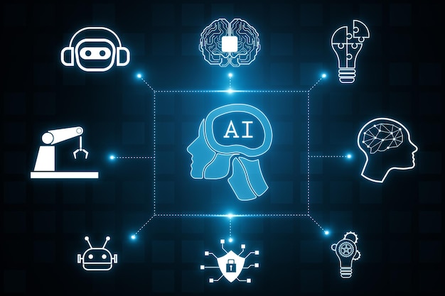 Creatief gloeiend ai hologram met digitaal menselijk hoofd op wazige achtergrond Geautomatiseerde machine learning kunstmatige intelligentie en conversatie assistent concept 3D-rendering