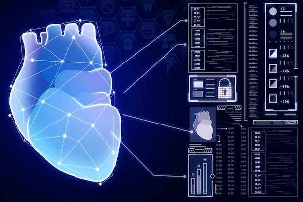 Creatief gloeiend blauw digitaal hart futuristisch interfacehologram op donkere achtergrond Geneeskundecardiologie en toekomstconcept 3D Rendering
