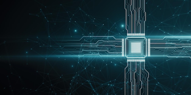 Creatief gloeiend hologram met breed chipcircuit op donker behang CPU en metaverse concept 3D-rendering