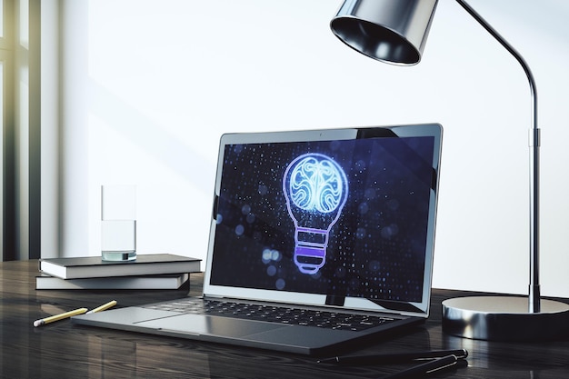 Creatief idee concept met gloeilamp en menselijke hersenen illustratie op moderne laptop scherm Neurale netwerken en machine learning concept 3D Rendering