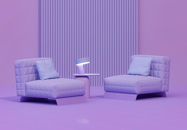 Creatief interieurontwerp in pastel paarse studio met lamp en twee fauteuils 3D-rendering
