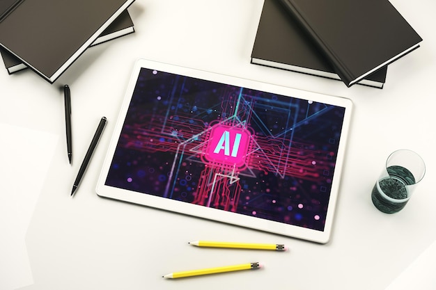 Foto creatief kunstmatige intelligentie symbool concept op moderne digitale tablet display top view 3d rendering
