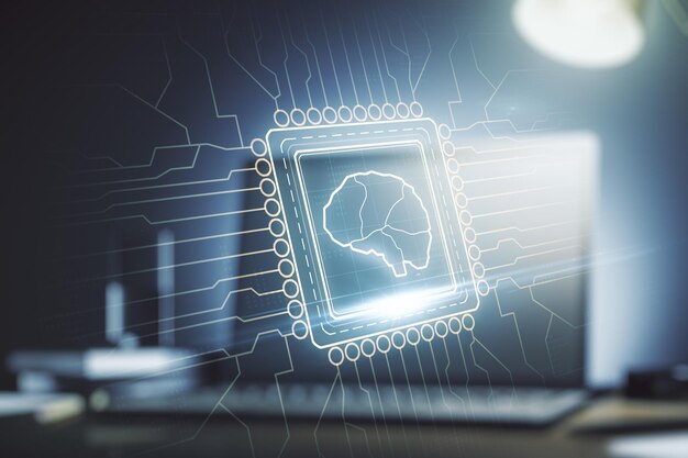 Creatief kunstmatige intelligentieconcept met menselijk hersenenhologram op moderne laptopachtergrond