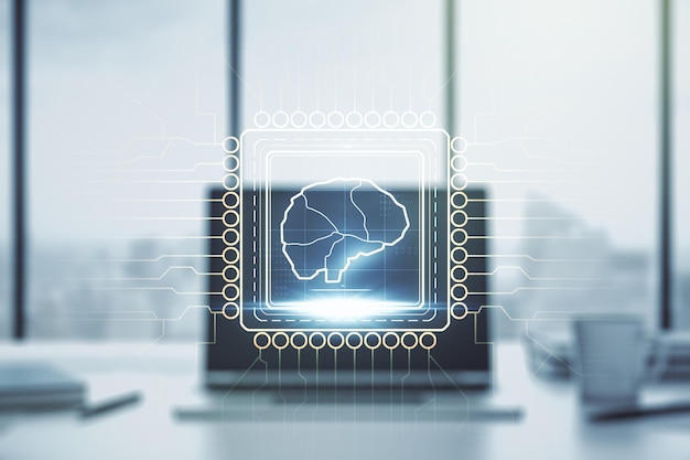 Creatief kunstmatige intelligentieconcept met menselijk hersenenhologram op moderne laptopachtergrond