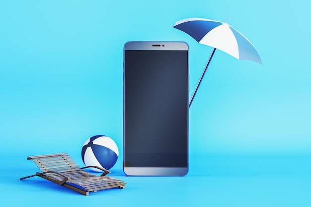 Creatief online tour boeking concept Lege mock up smartphone scherm met parasol bal en chaiselounge vliegtuigen en tickets op blauwe achtergrond 3D Rendering