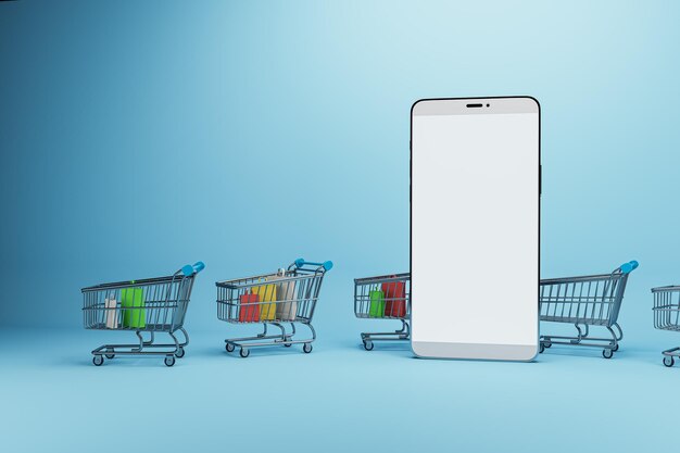 Creatief online winkelconcept met trolleys en leeg wit mock-up smartphonescherm op blauwe achtergrond Winkel online en digitaal mediaconcept 3D Rendering