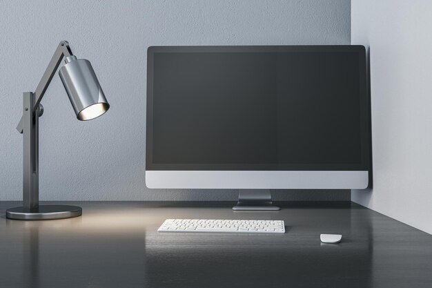 Foto creatief ontwerper houten bureau met lege mock-up computermonitorlamp en toetsenbord 3d rendering