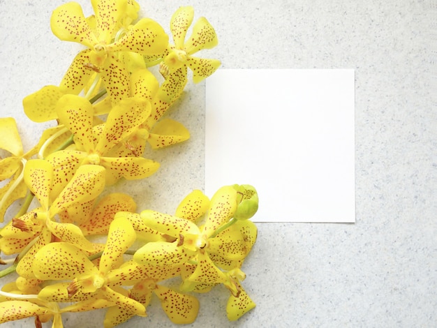 Creatief plat lay-ontwerp van kaartnota met gele orchideebloemen