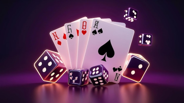 Creatief poker sjabloon neon speelkaarten en dobbelstenen ontwerp op donkere achtergrond