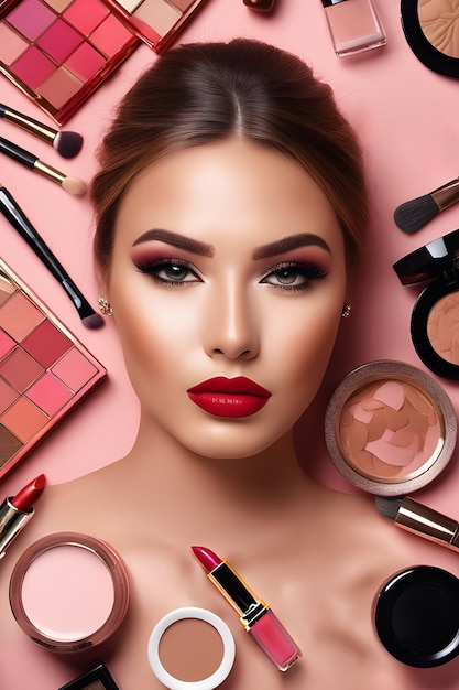 creatief portret van een make-up artist meisje's gezicht op een roze tafel met cosmetica make-up flatlay