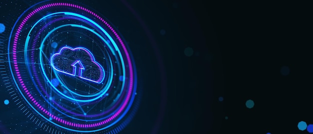 Creatief rond cloud computing hologram op donkere brede achtergrond met mock up plaats Server concept 3D Rendering