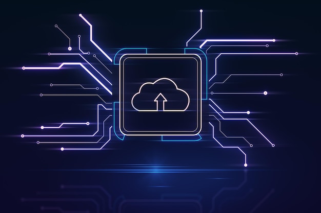 Creatief vierkante circuit knop hologram met wolk icoon op donkere achtergrond Technologie en cloud computing concept 3D Rendering