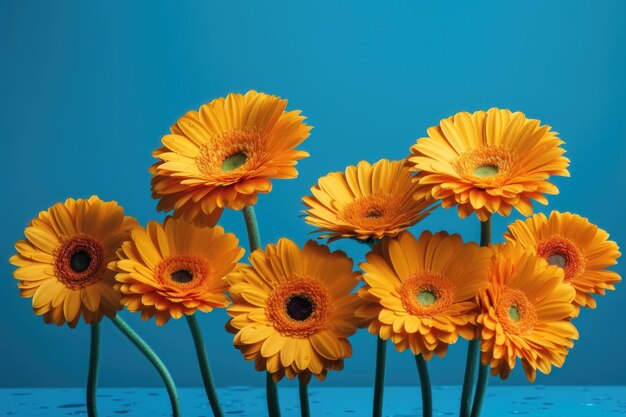 Creatief visueel arrangement met gele gerbera's op levendige blauwe achtergrond AI gegenereerd