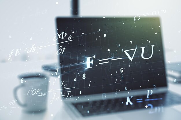 Foto creatief wetenschappelijk formulehologram op modern laptop achtergrondonderzoeksconcept multiexposure