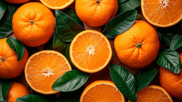 Creatief zomerpatroon gemaakt van plakjes sinaasappels en groene bladeren op pastelgeel fruit als achtergrond