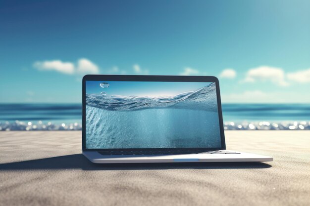 Creatief zomerstrand op laptop met blauwe achtergrond AI gegenereerd