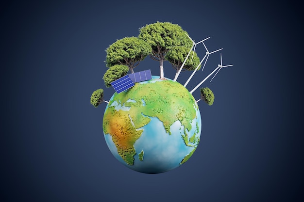 Creatieve aardbol met bomen en zonnepanelen op donkerblauwe achtergrond Energie en duurzaam concept 3D-rendering