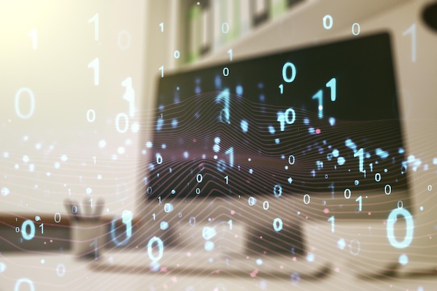 Creatieve abstracte binaire code hologram en moderne desktop met pc op achtergrond AI en machine learning concept Multiexposure