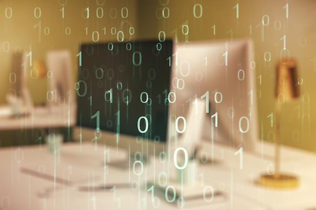 Creatieve abstracte binaire code hologram op moderne computer achtergrond AI en machine learning concept Multiexposure