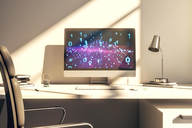 Creatieve abstracte binaire code hologram op moderne computermonitor AI en machine learning concept 3D Rendering
