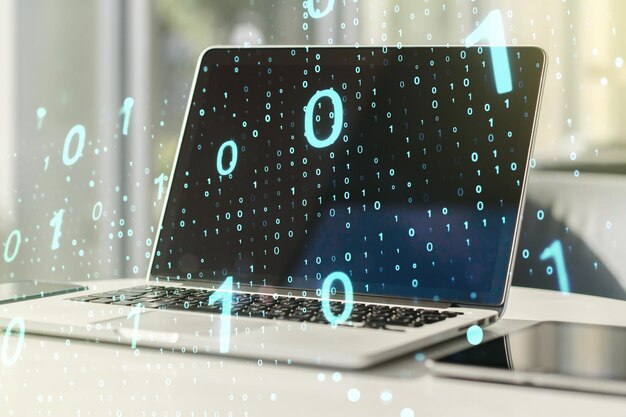 Creatieve abstracte binaire codeschets op moderne laptop achtergrondhacking en matrixconcept Multiexposure