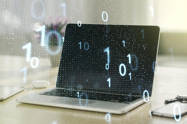 Creatieve abstracte binaire codeschets op moderne laptop achtergrondhacking en matrixconcept Multiexposure