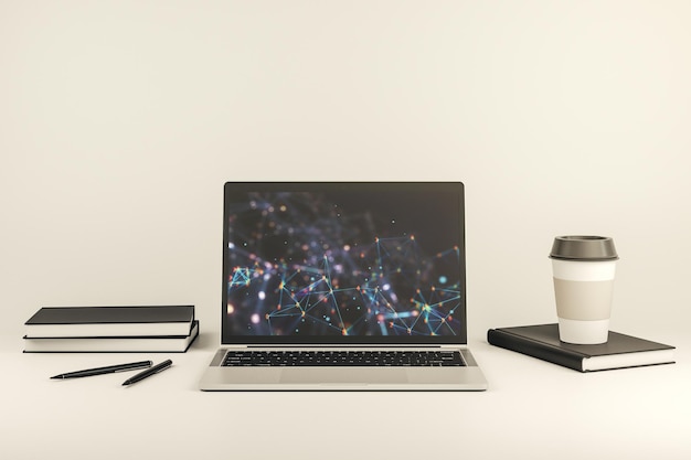 Creatieve abstracte draadloze technologie hologram op moderne computer monitor kunstmatige intelligentie en machine learning concept 3D Rendering