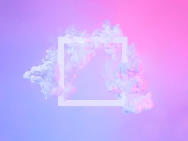Creatieve abstracte neon achtergrond met kopieerruimte Witte vierkante frame en wolken gemaakt van witte verf in blauw of violet en roze licht Vloeibare wolk creatieve compositie Trendy minimal frame concept