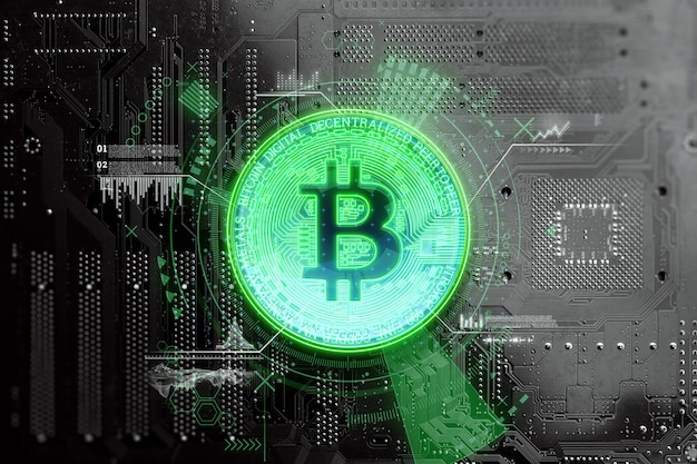 Creatieve achtergrond, bitcoin gouden munt op de achtergrond van microschakelingen, elektronisch geld. Blockchain-overdrachtsconcept, cryptocurrency, gegevenscodering. Gemengde media.