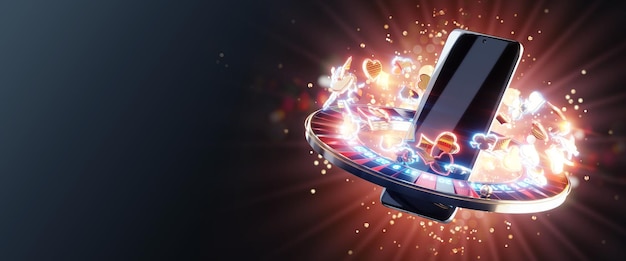 Creatieve achtergrond casino sjabloon gokken Casino accessoires vliegen rond smartphone chips dobbelstenen dobbelstenen kaarten 3D rendering 3D illustratie Kopieer ruimte sjabloon