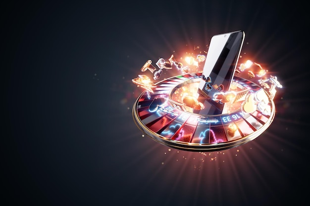 Creatieve achtergrond casino sjabloon gokken Casino accessoires vliegen rond smartphone chips dobbelstenen dobbelstenen kaarten 3D rendering 3D illustratie Kopieer ruimte sjabloon