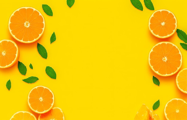 Creatieve achtergrond gemaakt van zomerfruit met muntblaadjes grapefruit sinaasappel citroen op felgele achtergrond Veel verschillende citrusvruchten op gekleurde achtergrond Generatieve AI