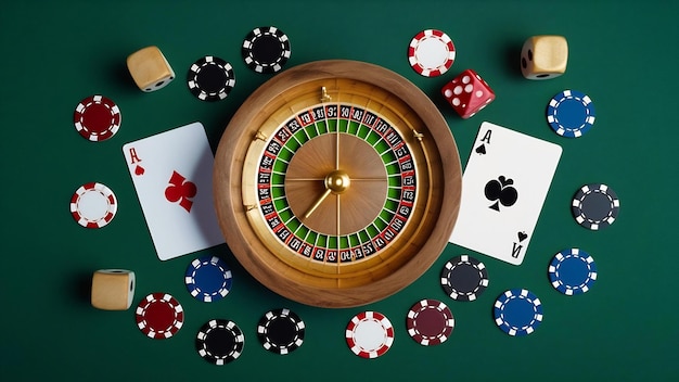 Creatieve achtergrond roulette spel dobbelstenen kaarten casino chips op een donkere achtergrond