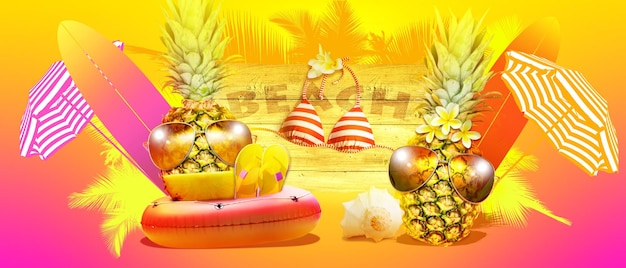 Creatieve ananas met zonnebril op de zomerachtergrond