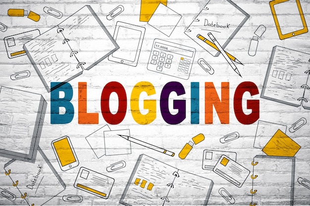 Creatieve blogschets op een witte bakstenen muur achtergrond Blog en media concept 3D-rendering