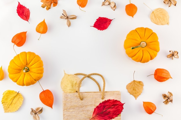 Creatieve bovenaanzicht plat lag herfst samenstelling boodschappentas gedroogde oranje bloemen laat pompoenen achtergrond kopie ruimte