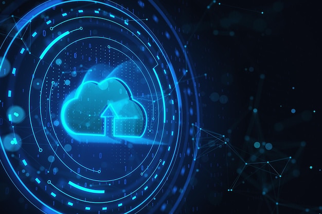 Creatieve cloud computing hologram op wazige donkerblauwe achtergrond Server en gegevensconcept 3D-rendering