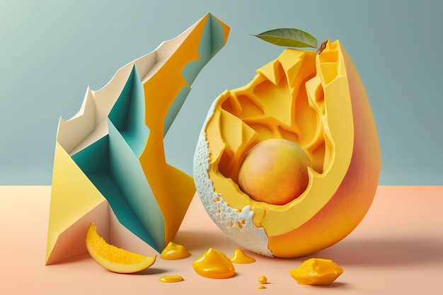 Creatieve compositie met mango en palmbladeren op pastelachtergrond Zomer minimaal concept Generatieve AI