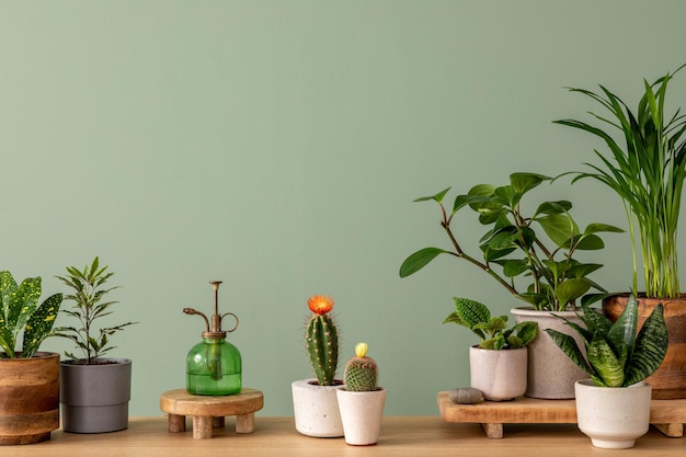 Creatieve compositie van botanisch interieurontwerp met veel planten in klassiek ontworpen potten